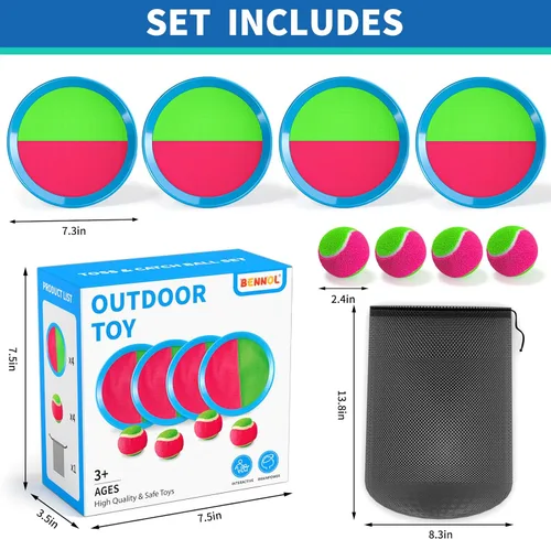 Miniatura 2 de Juego de lanzar y atrapar pelotas Bennol para niños, 4 paletas, 4 pelotas y bolsa de almacenamiento, juguetes al aire libre para edades 3-10