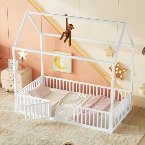 Miniatura 14 de Bellemave Cama de Piso Montessori Tamaño Twin, Marco de Cama Casa de Metal para Niños, Camas de Piso Montessori con Cerca, Blanco