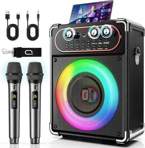 HWWR Máquina de karaoke con 2 micrófonos, altavoz de karaoke portátil Bluetooth 5.3 para eventos al aire libre, reuniones y fiestas, sistema PA con