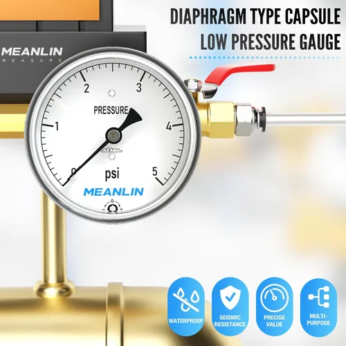 Miniatura 6 de MEANLIN MEASURE Medidor de baja presión de cápsula tipo diafragma de 0-5 psi, esfera de cara de 2-1/3 pulgadas, calibre de columna de agua