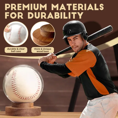 Miniatura 3 de JupDec Caja de Exhibición de Béisbol, Soporte Redondo Transparente para Bola con Base de Madera, Caja de Soporte para Autógrafos de Béisbol para Una