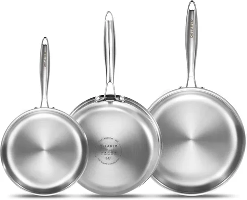 Miniatura 11 de DELARLO Sartén de acero inoxidable tricapa de 8 pulgadas de cuerpo entero, sartenes de chef aptas para horno y cocina de inducción, adecuadas