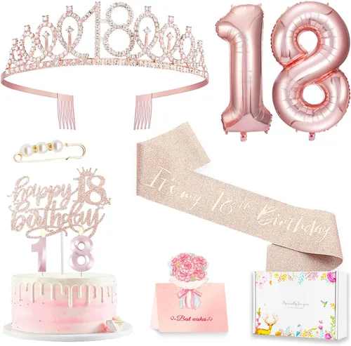 Decoraciones de cumpleaños número 18 para niñas, incluyendo banda de reina de regalos de feliz cumpleaños número 18 con alfiler de perlas, corona de