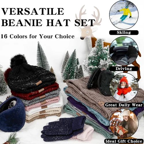 Miniatura 6 de Winter Hat Scarf Gloves and Ear Warmer, Warm Knit Beanie Hat Touch Screen Gloves Set Winter Gifts Neck Scarves for Women