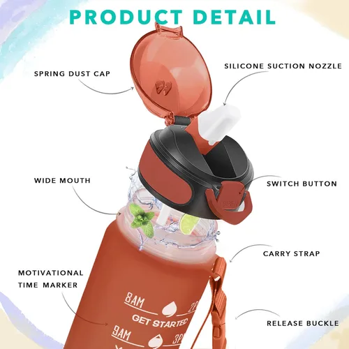 Miniatura 3 de Enerbone Botella de agua de 32 onzas con tiempos para beber y popote, motivacional con correa para llevar, a prueba de fugas, sin BPA ni tóxicos