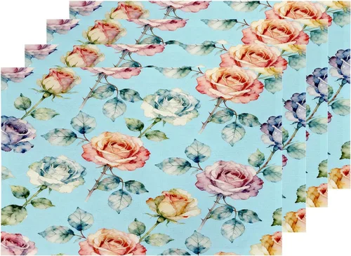 Miniatura 32 de Shrahala Hermosos manteles individuales de flores de rosas, hermosas flores, elegantes manteles de lino de arpillera lavable, aislamiento térmico