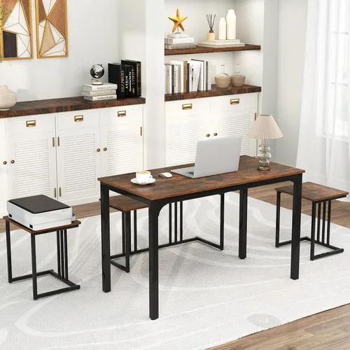 Miniatura 9 de Giantex Juego de mesa de comedor de 4 piezas para 4, mesa y sillas de cocina modernas, juego de muebles anidables con banco y 2 taburetes, juego