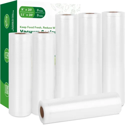 Miniatura 9 de Moretoes Bolsas selladoras al vacío, 6 rollos de bolsas de vacío de 11 pulgadas x 20 pies para almacenamiento de alimentos, rollos de bolsas