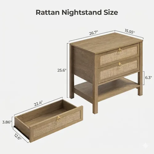 Miniatura 2 de Sicotas - Mesita de noche con cajones y estante de almacenamiento - Gran mesita de noche de ratán, decoración boho, mesita de cabecera estrecha