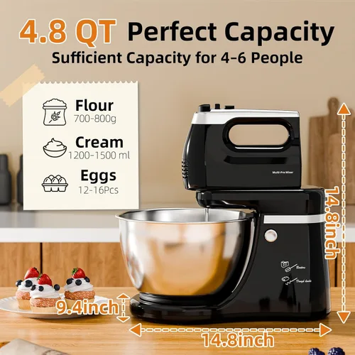Miniatura 5 de Batidora de pie 2 en 1 de 4.8 cuartos de galón, batidora de cocina eléctrica con tazón giratorio automático y cabezal inclinable, máquina de hornear