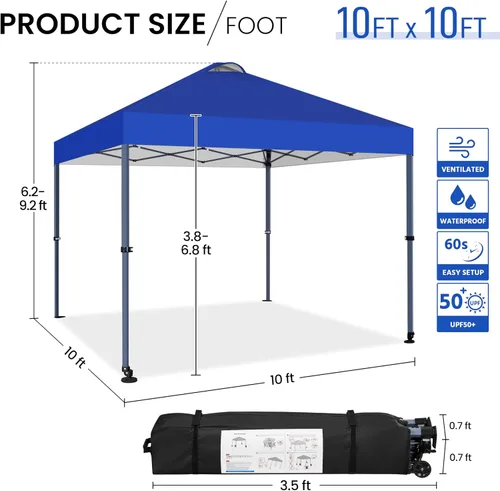Miniatura 3 de Yaheetech Tienda de campaña desplegable de 10 x 10 con 2 ruedas integradas para movilidad, resistente al agua y refugio solar instantáneo con bolsa