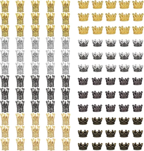 Hicarer 120 dijes de corona King para hacer pulseras de joyería, cuentas de corona de oro y plata, cuentas espaciadoras de agujeros grandes a