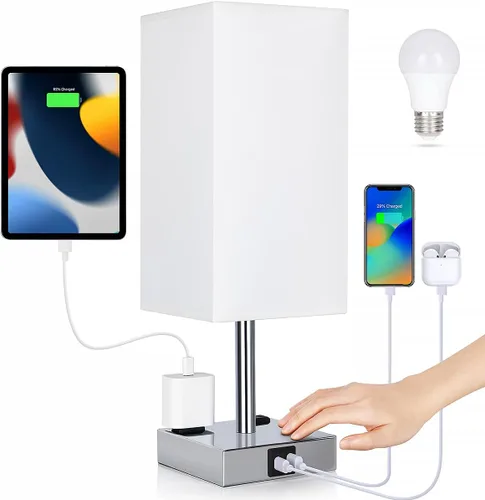 Miniatura 14 de Lámpara de mesita de noche con puertos USB - Lámpara de mesa con control táctil para dormitorio con puertos de carga USB C+A y tomas de corriente