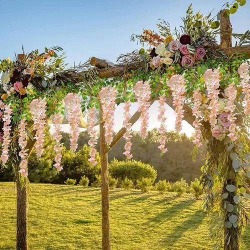 Miniatura 7 de Paquete de 24 guirnaldas de flores colgantes de glicina rosa claro, enredaderas de flores artificiales de 3.77 pies, glicinia falsa, guirnalda