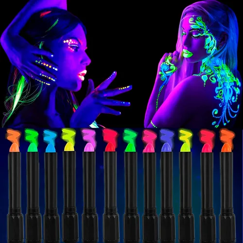 Pintura corporal de 12 colores brillantes, crayones UV, maquillaje que brillan en la luz negra, pinturas corporales para niños y adultos, kit de