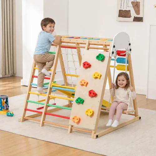 Miniatura 10 de KEIKI 9-in-1 Foldable Wooden Kids Climbing Frame with Slide Swing Monkey Bars Rock Wall Abacus, Indoor Outdoor Playground Set, Montessori Play Gym