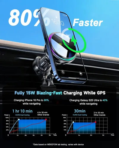 Miniatura 3 de Para Qi2 Cargador de Montaje de Coche MagSafe de 15W con Luz RGB, Soporte Magnético Inalámbrico de Enfriamiento por Hielo para Teléfono, Carga