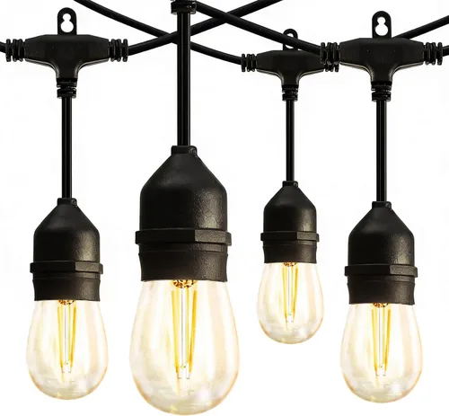 Banord Cadena de luces LED para exteriores, luces de patio de 48 pies con bombillas Edison de plástico vintage de 2 W regulables y hilo de grado
