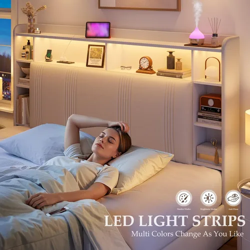 Miniatura 5 de EnHomee Base de cama de tamaño matrimonial con cabecera tapizada con estante, 4 cajones grandes, luces LED, estación de carga, plataforma resistente