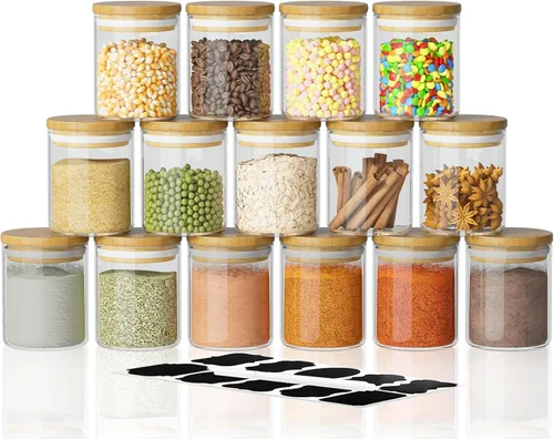 SODSAI Juego de 15 tarros de almacenamiento de vidrio con tapas herméticas de bambú y etiquetas, tarro de especias de vidrio de 6 onzas, mini