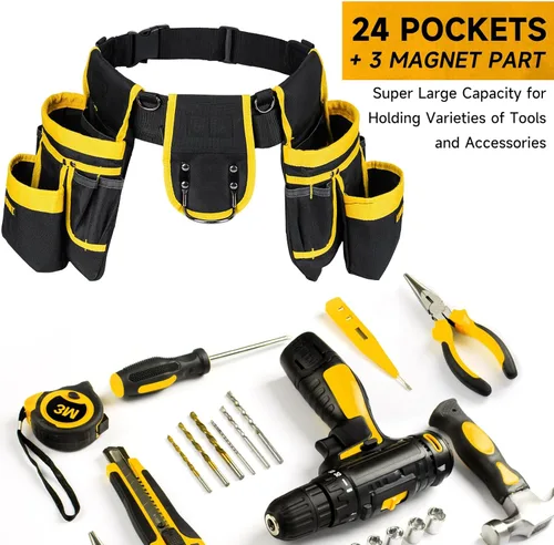 Miniatura 8 de Cinturón de herramientas, bolsa magnética para herramientas, 27 bolsillos, cinturones de herramientas acolchados resistentes para hombres, bolsa