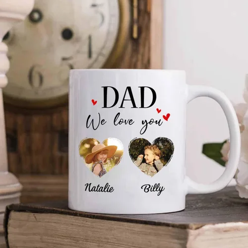 Miniatura 3 de Marco de fotos personalizado para niños, taza de café de regalo para papá y papá, taza de café blanca con texto en inglés "Dad We Love You", taza