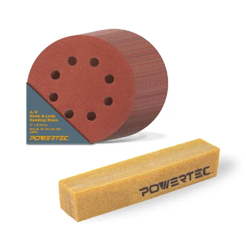 Miniatura 12 de POWERTEC Paquete de 50, 120 granos, discos de lijado de 5 pulgadas, con gancho y bucle, discos de papel de lija de óxido de aluminio de 5 pulgadas