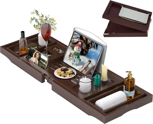 Miniatura 11 de Bandeja de bañera de madera de acacia, bandeja de baño plegable para bañera, bandejas de mesa de baño expandibles, accesorios de bañera y baño
