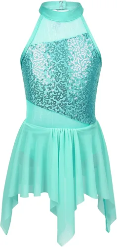 Miniatura 35 de YiZYiF Vestido de baile de lentejuelas para niños y niñas, leotardo de ballet, cuello alto, vestido lírico, traje de rendimiento irregular