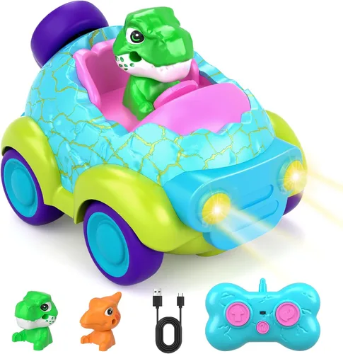 Auto a control remoto para niños pequeños, juguetes de dinosaurio para edades de 2 a 4 años con luces y música, auto RC recargable, regalos de
