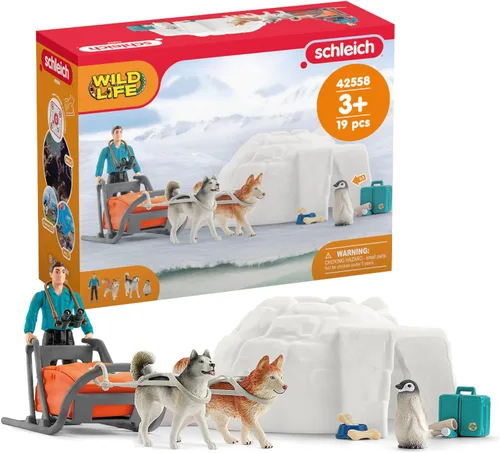 schleich Wild Life - Juego de 19 piezas de expedición antártica con figuras de guardabosques, perros Husky y pingüinos - Juego de safari de nieve
