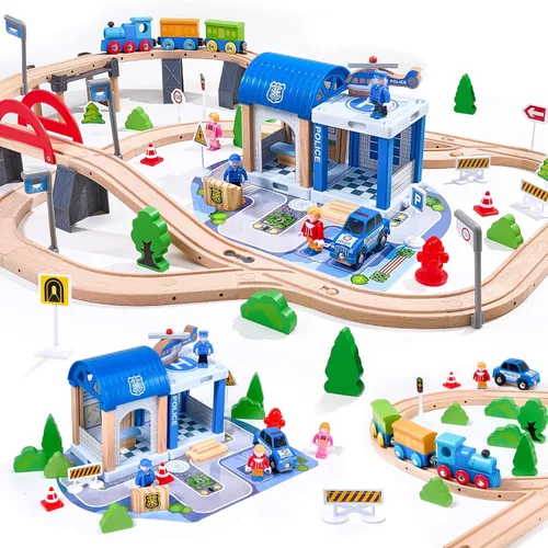 Set de 102 piezas de tren de madera para niños pequeños, pista de tren de madera: ampliable y intercambiable, juguetes de tren educativos seguros,