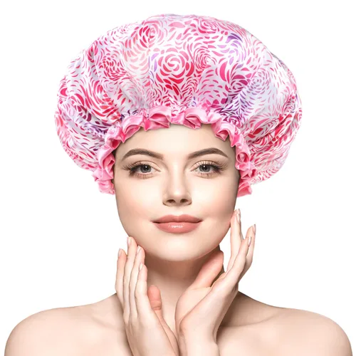 mikimini Gorro de ducha grande para mujer, cabello largo, 1 paquete, diseño romántico de pétalos, doble capa impermeable, reutilizable, lavable, de