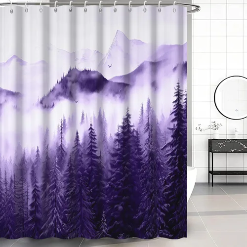 Miniatura 21 de Cortina de ducha pequeña en blanco y negro, juego de cortina de ducha de bosque brumoso para baño, impermeable, decoración de baño de montaña