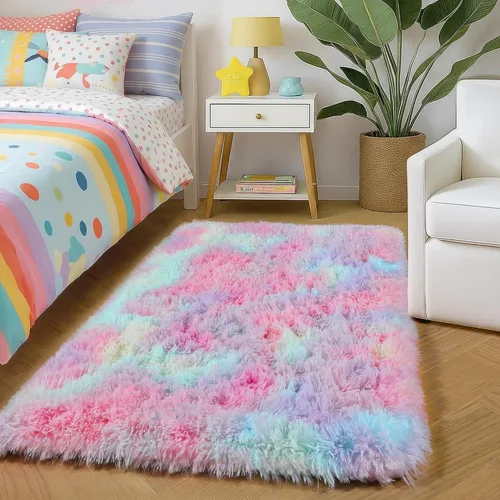 Miniatura 49 de Alfombras moradas para dormitorio de niñas, alfombra de 5 x 8 pies, alfombra peluda esponjosa para sala de estar, alfombras peludas gruesas
