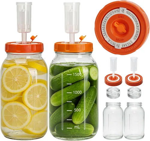 64 oz/2L Fermentation Jar,2 Pack Fermentation kit with Fermenting Weights,Seal Lids and Airlocks for Pickling Sauerkraut Easy Fermenting &
