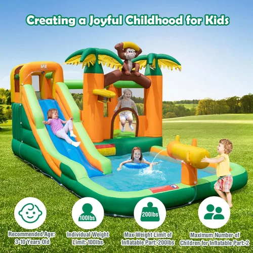 Miniatura 9 de BOUNTECH Tobogán acuático inflable, castillo de salto de parque acuático para niños con tobogán largo, piscina de salpicaduras, toboganes acuáticos