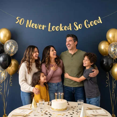 Miniatura 5 de Cartel dorado con purpurina preencordada de 50 "Never Looked So Good", decoraciones de cumpleaños 50 y aniversario para hombres y mujeres