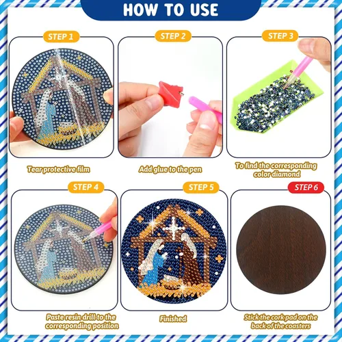 Miniatura 5 de Perthlin 8 posavasos de arte de diamantes de Navidad, árbol de Navidad, gnomo de caramelo, kit de pintura con soporte, kit de pintura de diamantes