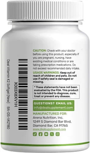 Miniatura 7 de DEAL SUPPLEMENT Suplemento de vitamina K2 de 600 mcg, 180 cápsulas blandas de aceite de coco Formas MK-7 y MK-4 de alta absorción de espectro