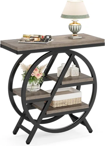 Miniatura 8 de Mesa auxiliar, mesa lateral estrecha con espacio de almacenamiento grande de 4 niveles, mesita de noche moderna para sala de estar, oficina en casa