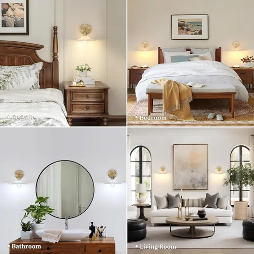 Miniatura 3 de Shenmoyl Apliques de pared vintage con pantalla de cristal de loto blanco de 180 grados, ajustable, de latón, con cable, moderna lámpara de pared