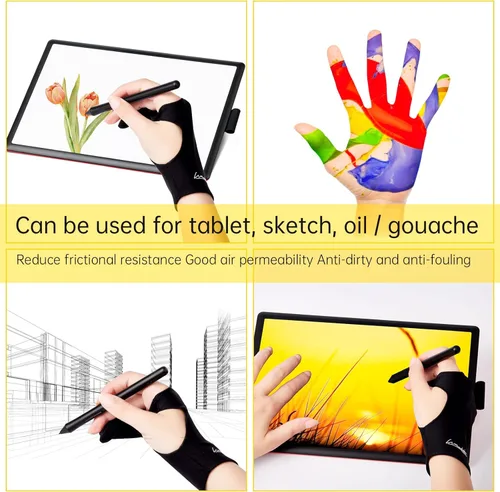 Miniatura 6 de Paquete de 2 guantes de dibujo digital, guantes de artista para tableta de dibujo, iPad, bocetos, guantes de arte con dos dedos para mano derecha e