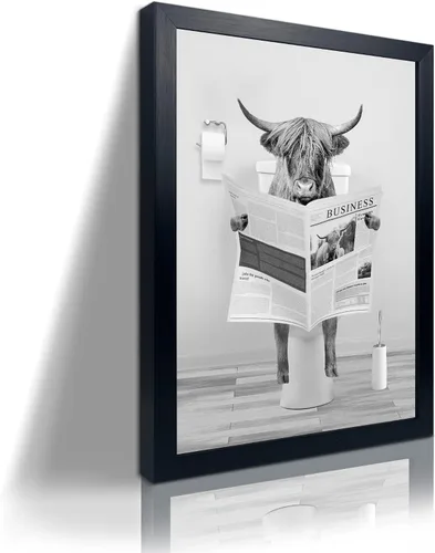 Miniatura 7 de Divertido arte de pared enmarcado de vaca de las tierras altas en bañera, lienzo blanco y negro, impresiones artísticas de pared de vaca, decoración