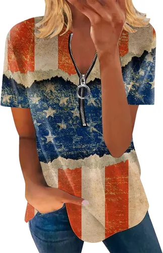 Women's Independence Day T Shirt Striped Shirt Half Zip Up Blouses Top Shirt Casual Outdoors Blouse Women Outer Wear Tops