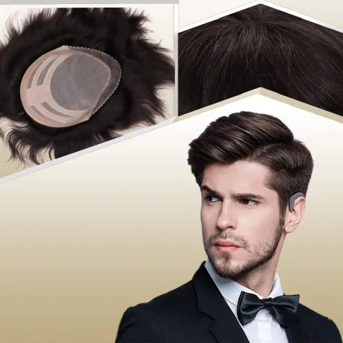Miniatura 18 de Sistema de reemplazo de cabello humano para hombre, tupé para hombre, piel fina con parte superior de encaje mono y la parte trasera de poliuretano