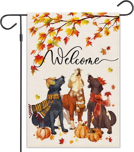 Balgardekor Bandera de jardín de perros de otoño de bienvenida para exteriores, banderas de jardín de Acción de Gracias, 12 x 18 pulgadas,