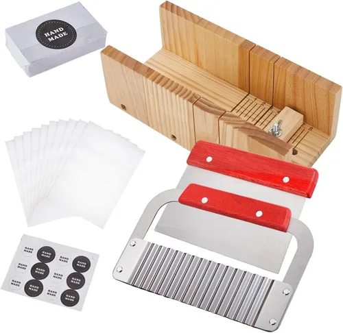 AHANDMAKER Juego de cortador de jabón de madera, cortador de alambre ajustable con acero inoxidable ondulado + cortador recto para hacer jabón,