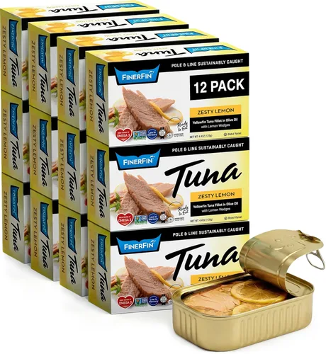 Miniatura 13 de FinerFin Filetes de atún amarillo ahumado en aceite de oliva orgánico (paquete de 12) Atún enlatado premium en aceite de oliva extra virgen