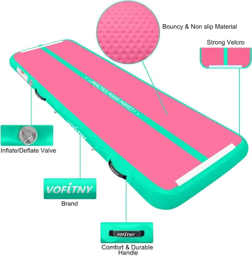 Miniatura 6 de VOFiTNY - Esterilla inflable de gimnasia con pista de caídas y barril de aire octogonal con bomba para uso doméstico/gimnasio Rosa/menta+rodillo